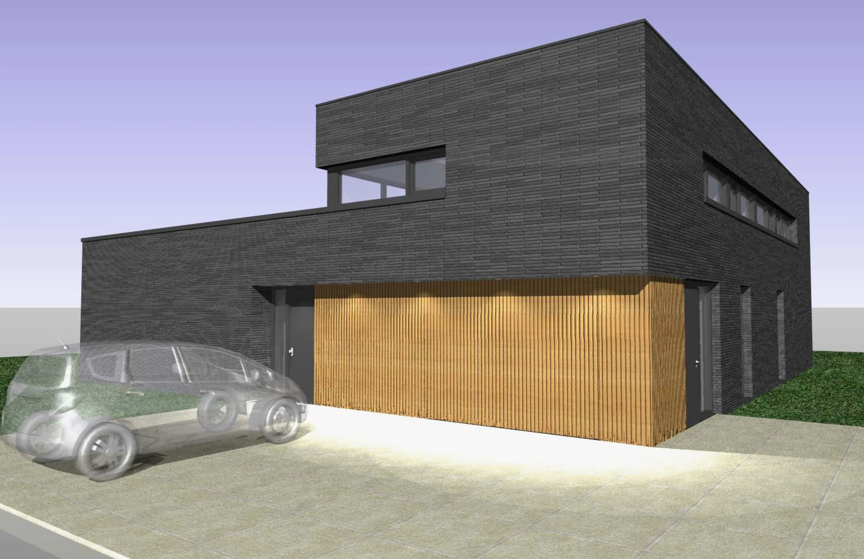 Visualisatie van een moderne woning met donkere gevelbekleding