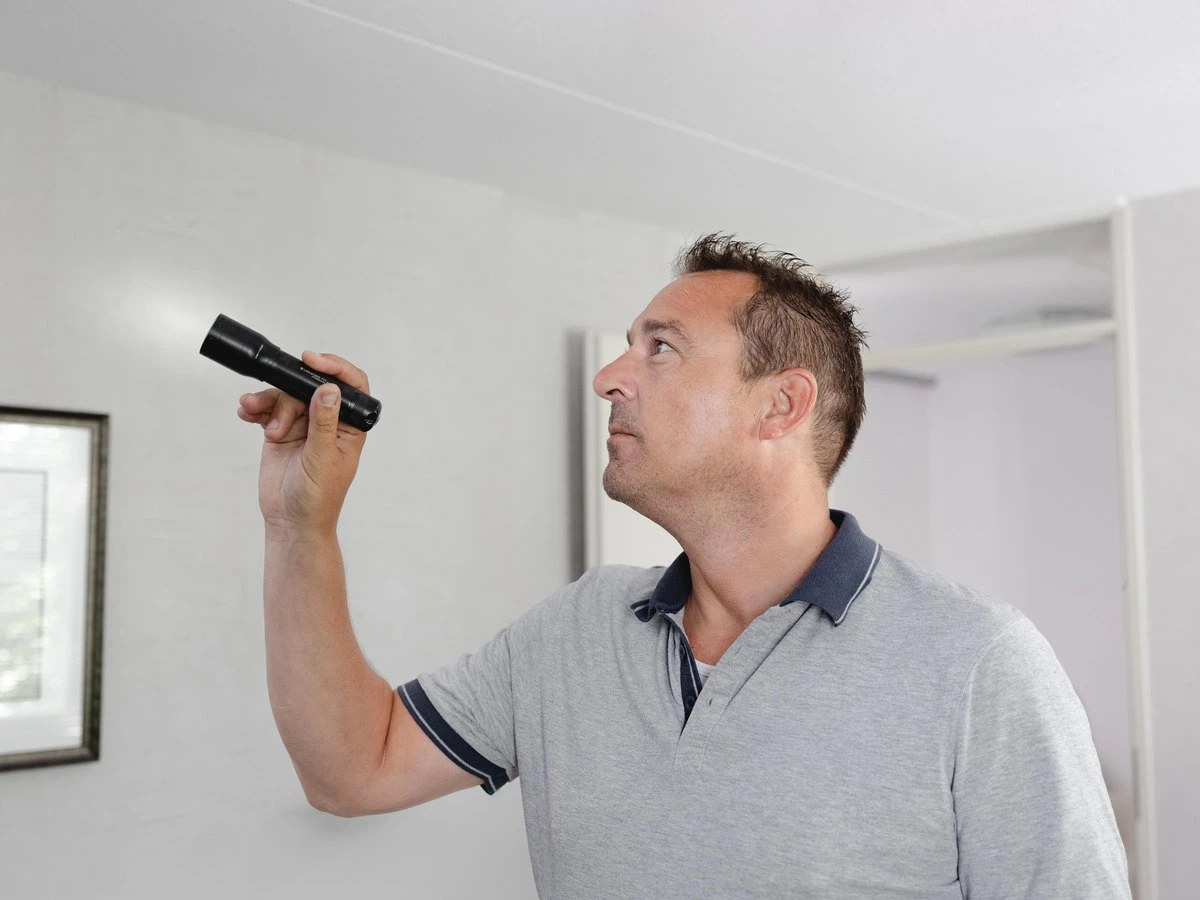 Bouwkundig inspecteur onderzoekt een muur met een zaklamp