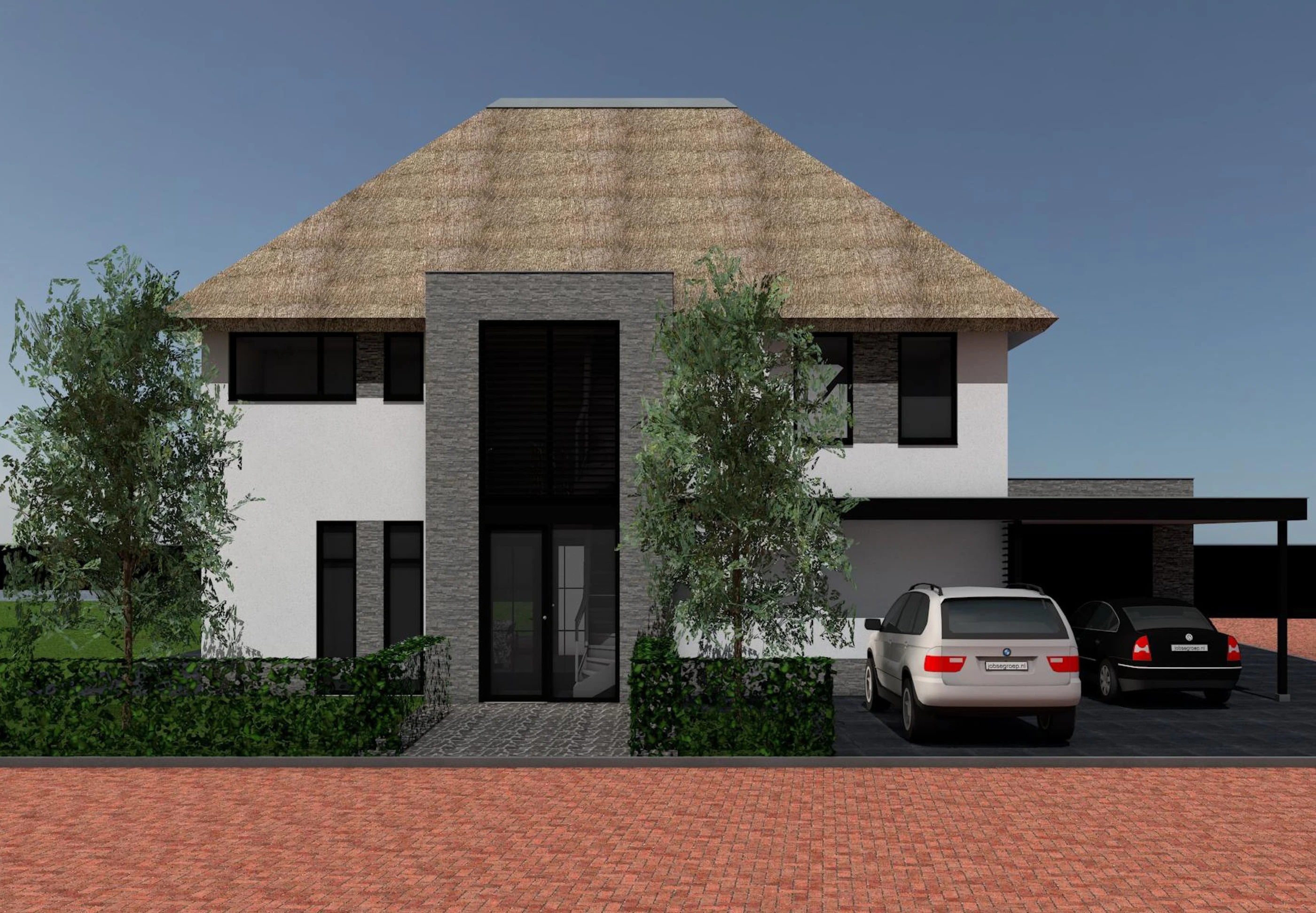 Visualisatie van een rietgedekte villa met carport